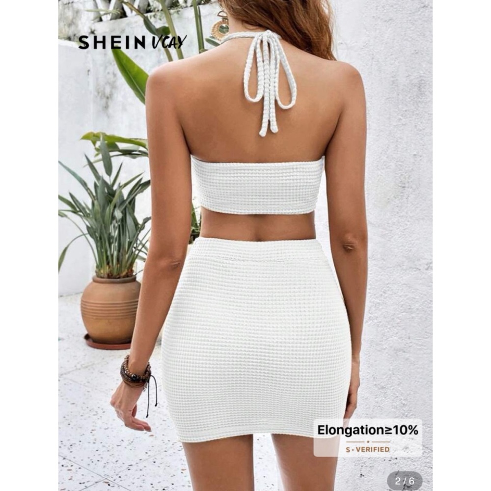 NWT SHEIN Crotchet Boho Knit White Skirt Set Size Large Bohemian Style 2 Piece - Picture 4 of 13